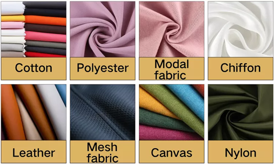 Examples of fabrics compatible with DTF printing, including cotton, polyester, modal, chiffon, leather, mesh, canvas, and nylon by DTFPrintWorx